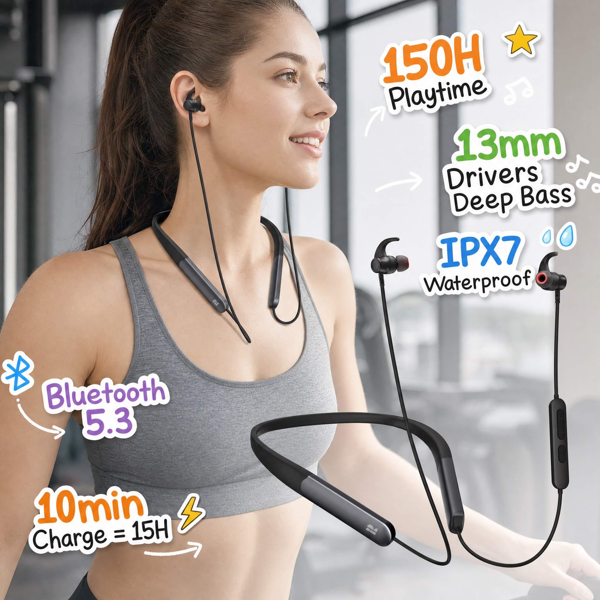A woman runs on a treadmill in a gym, wearing black neckband sports headphones. Icon bubbles highlight key features: 150H Playtime, 13mm Drivers Deep Bass, IPX7 Waterproof, Bluetooth 5.3, and a quick 10min Charge = 15H use. An inset shows the headphones and controller.