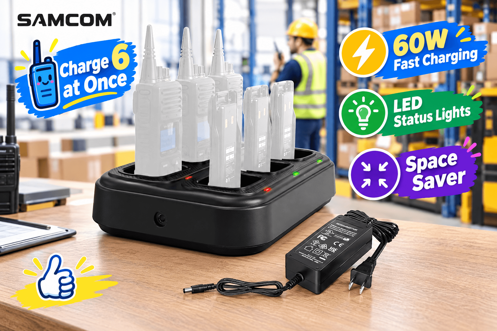 SAMCOM six-way multi-unit walkie-talkie charging station product introduction image, preserving the original product appearance and placed in real-life usage scenarios such as warehouses, offices, or command centers, with English annotations like "Charge 6 at Once", "60W Fast Charging", "LED Status Lights" and cartoon markers.