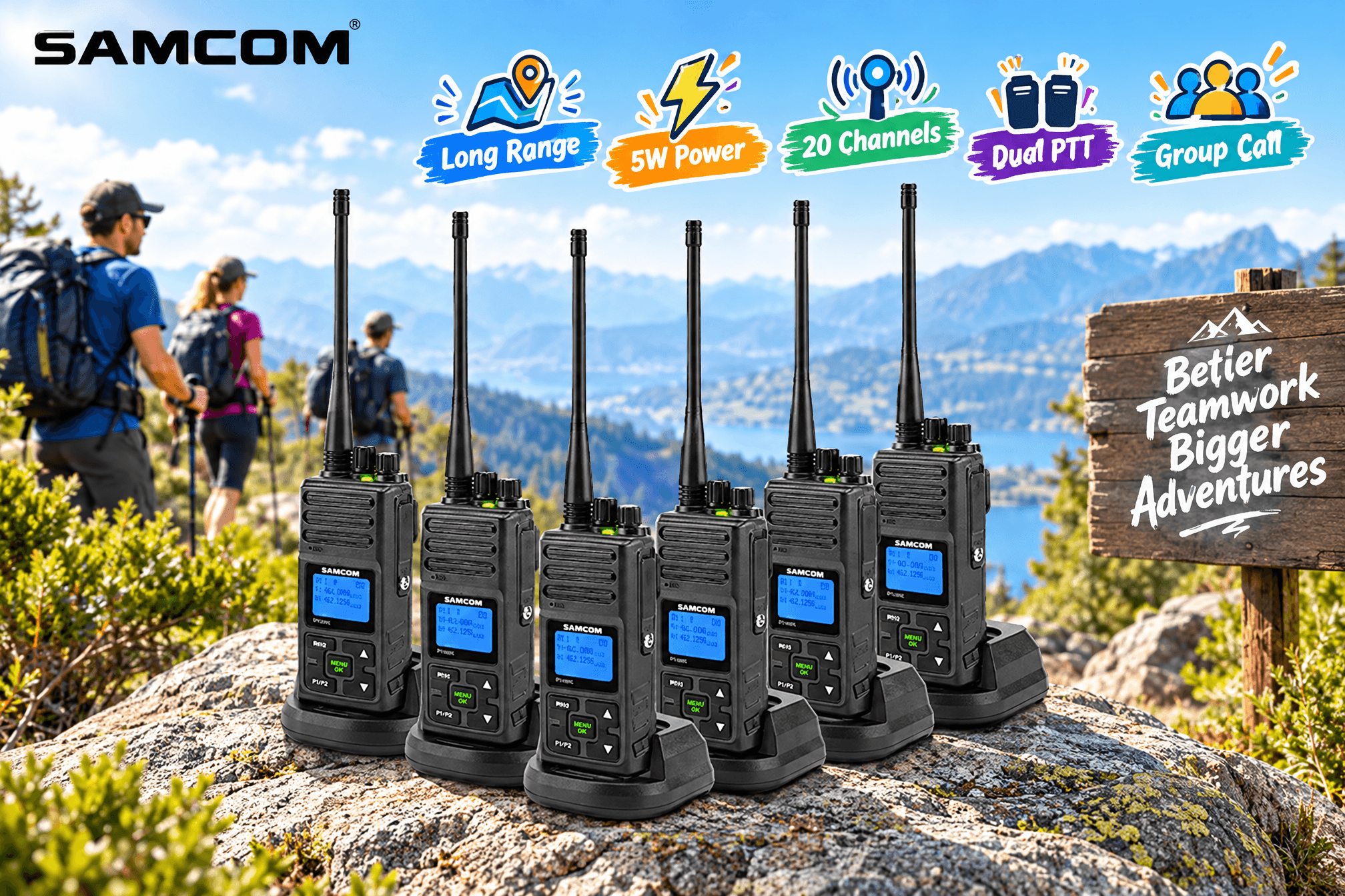 SAMCOM six-pack two-way radios product introduction image, preserving the original product appearance and placed in real-life usage scenarios such as outdoor team activities, construction sites, or farms, with English annotations like "Long Range", "5W Power", "20 Channels", "Dual PTT" and cartoon markers.