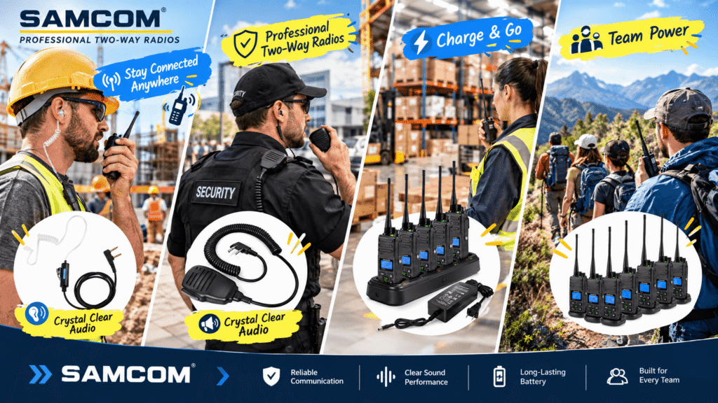 SAMCOM two-way radio brand blog hero image showcasing a transparent acoustic tube earpiece, shoulder speaker microphone, six-way charger, and six-pack radios in real-life scenarios such as construction sites, security patrols, warehouses, and outdoor team activities, with English selling-point annotations and cartoon markers.