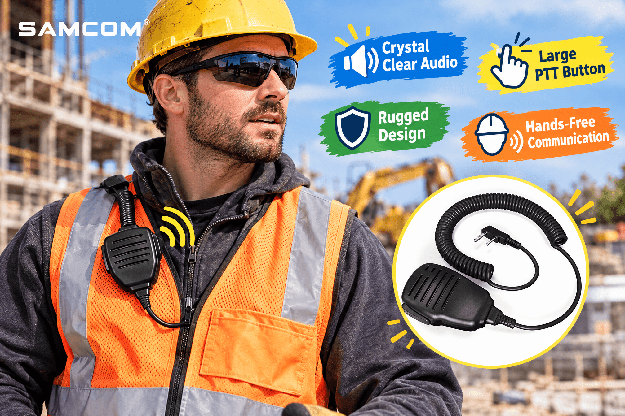 SAMCOM shoulder speaker microphone product introduction image, preserving the original product appearance and placed in real-life usage scenarios such as construction sites or security scenes, with English annotations like "Crystal Clear Audio", "Large PTT Button", "Rugged Design" and cartoon markers.