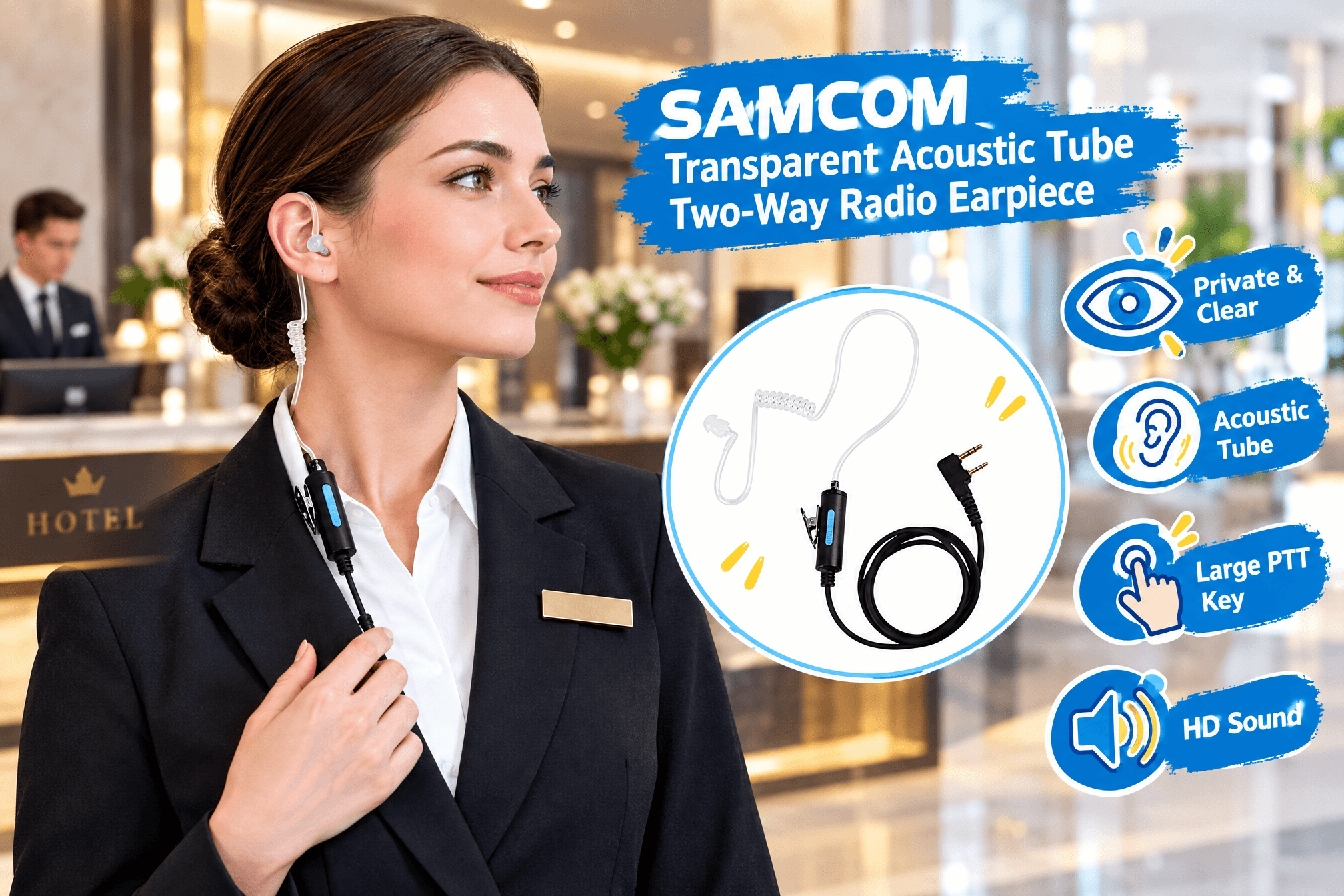 SAMCOM transparent acoustic tube walkie-talkie earpiece product introduction image, preserving the original product appearance and placed in real-life usage scenarios such as hotel services, hospitals, or security patrols, with English annotations like "Private & Clear", "Acoustic Tube", "Large PTT Key", "HD Sound" and cartoon markers.