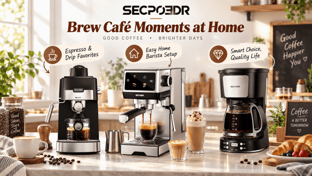 SECPOEDR coffee machines displayed in a bright home kitchen, featuring compact espresso, touchscreen espresso, and drip coffee makers with callouts for “Espresso & Drip Favorites,” “Easy Home Barista Setup,” and “Smart Choice, Quality Life.”