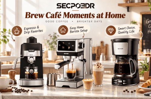 SECPOEDR coffee machines displayed in a bright home kitchen, featuring compact espresso, touchscreen espresso, and drip coffee makers with callouts for “Espresso & Drip Favorites,” “Easy Home Barista Setup,” and “Smart Choice, Quality Life.”