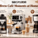 SECPOEDR coffee machines displayed in a bright home kitchen, featuring compact espresso, touchscreen espresso, and drip coffee makers with callouts for “Espresso & Drip Favorites,” “Easy Home Barista Setup,” and “Smart Choice, Quality Life.”