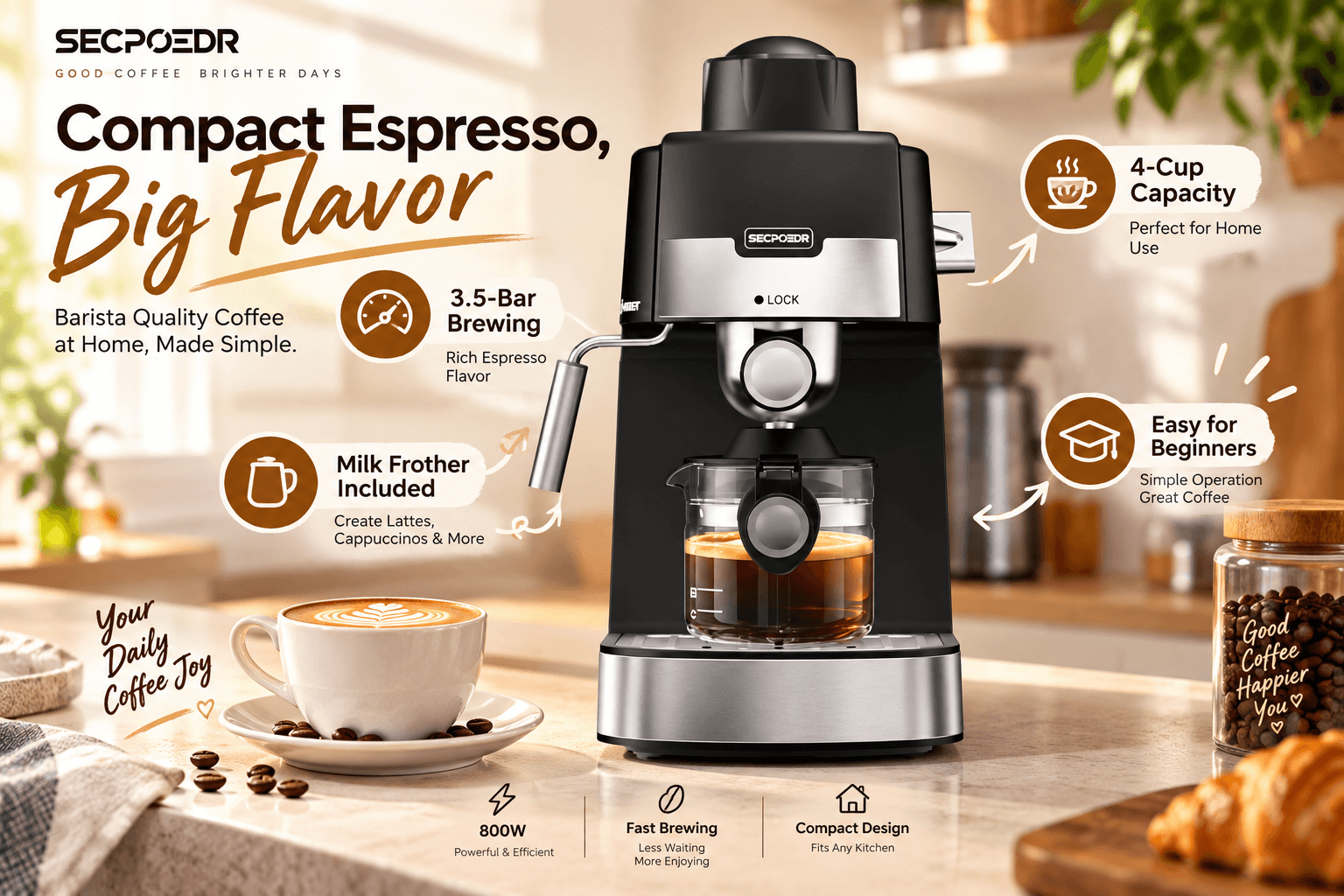SECPOEDR 20-bar silver espresso machine brewing fresh espresso on a modern kitchen counter, with latte and iced coffee nearby. Feature callouts highlight touch screen control, milk frother, cold brew capability, and home barista convenience.