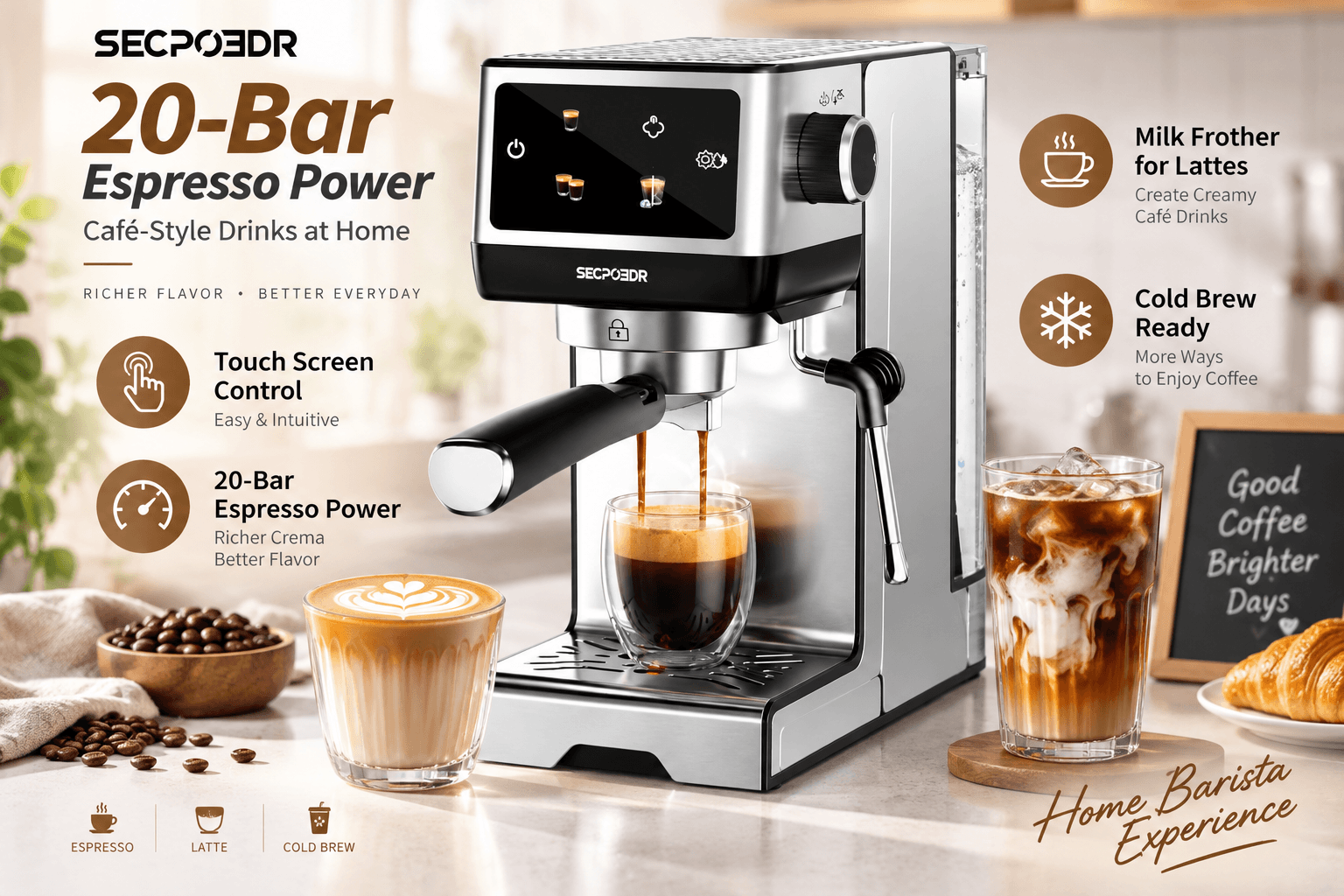SECPOEDR 12-cup programmable drip coffee maker with a full glass carafe on a warm kitchen counter. Graphic callouts highlight programmable auto brew, removable easy-clean filter basket, LCD display, and keep-warm plate.