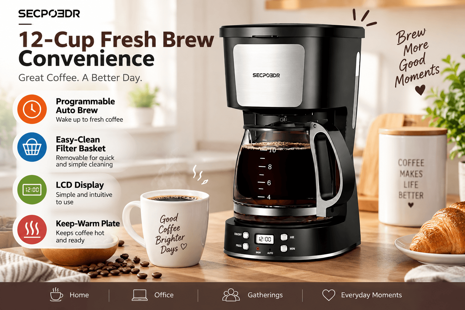 Compact black SECPOEDR 3.5-bar espresso machine in a cozy home kitchen with a latte and coffee beans. Feature graphics highlight 4-cup capacity, milk frother, beginner-friendly operation, 800W power, and fast brewing.