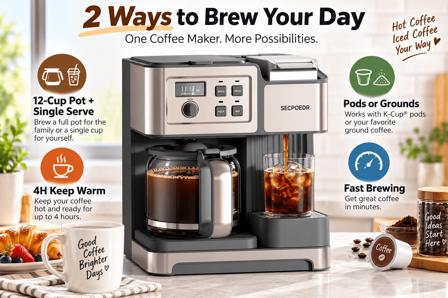 SECPOEDR gray 2-way coffee maker brewing a full carafe and single iced coffee in a bright kitchen. Callouts highlight 12-cup pot plus single serve, compatibility with pods or grounds, 4-hour keep warm, and fast brewing.