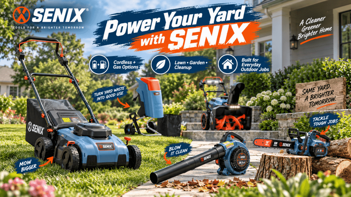 SENIX outdoor tools in a realistic backyard scene, featuring a mower, wood chipper, snow blower, leaf blower, and chainsaw with clear promotional callouts including “Power Your Yard with SENIX.”