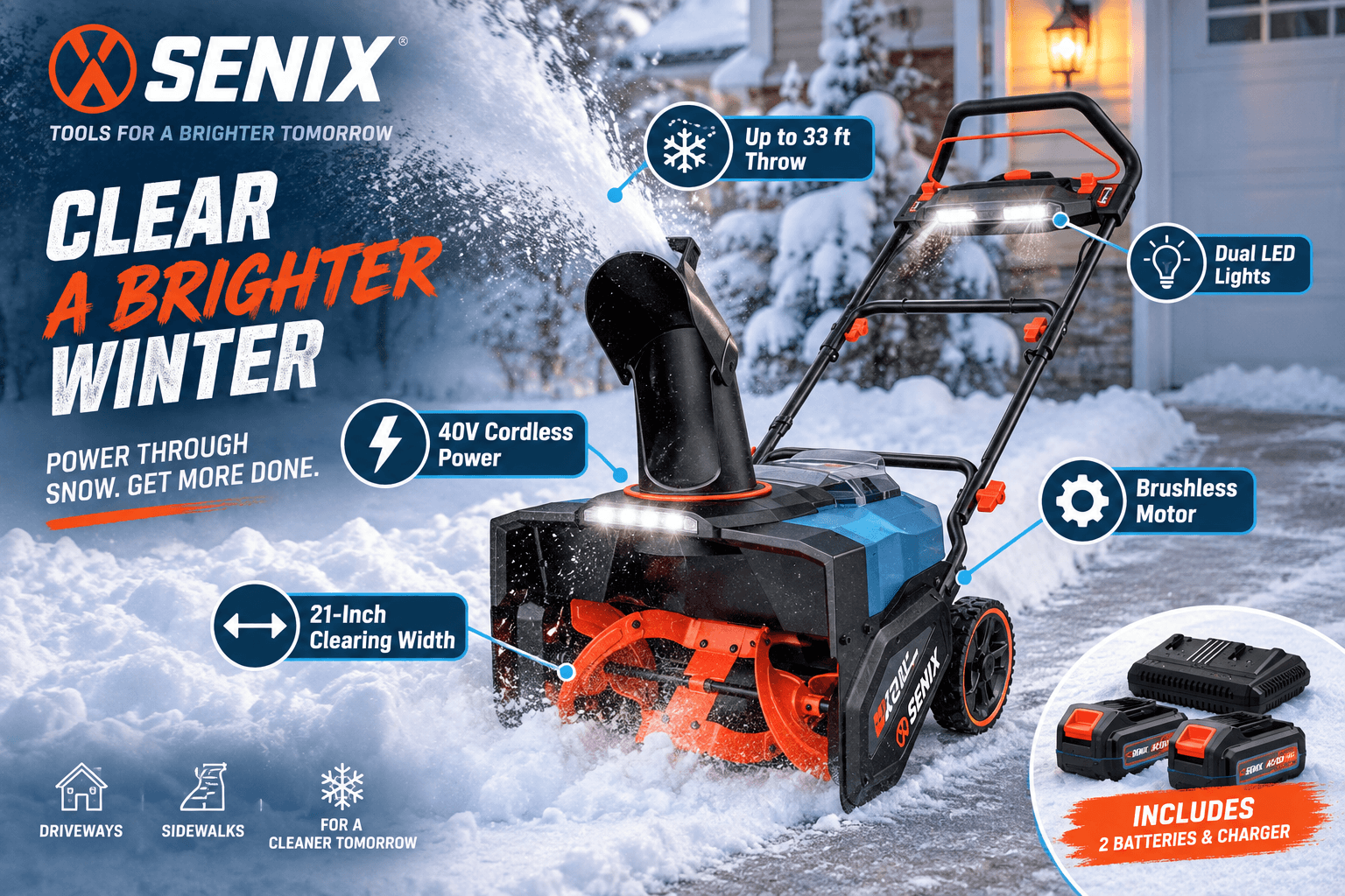 SENIX 40V 21-inch cordless snow blower clearing a snowy driveway, featuring a brushless motor, dual LED lights, wide clearing path and up to 33-foot snow throw.