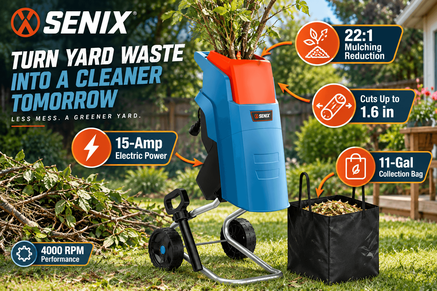 SENIX 15 Amp electric wood chipper in a backyard cleanup scene, shredding branches with 22:1 mulching reduction, 1.6-inch cutting capacity and an 11-gallon collection bag.