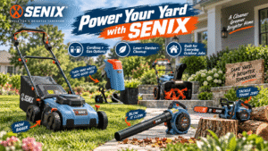 SENIX outdoor tools in a realistic backyard scene, featuring a mower, wood chipper, snow blower, leaf blower, and chainsaw with clear promotional callouts including “Power Your Yard with SENIX.”