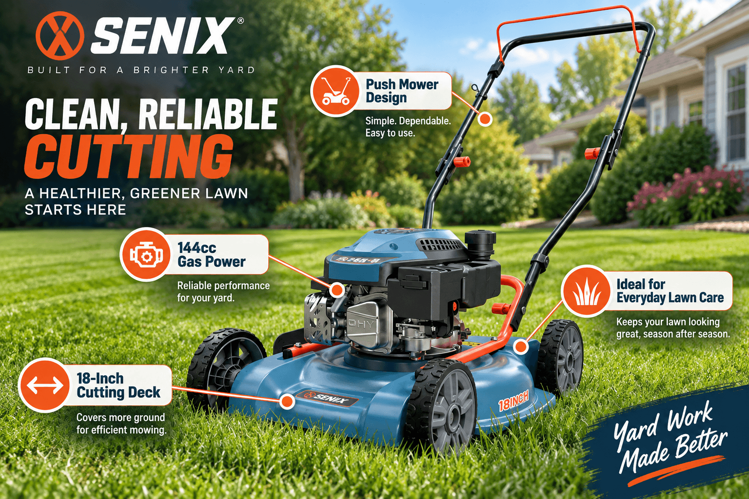 SENIX 18-inch 144cc gas push lawn mower positioned on a green suburban lawn, highlighting reliable gas power, wide cutting deck and everyday lawn-care performance.