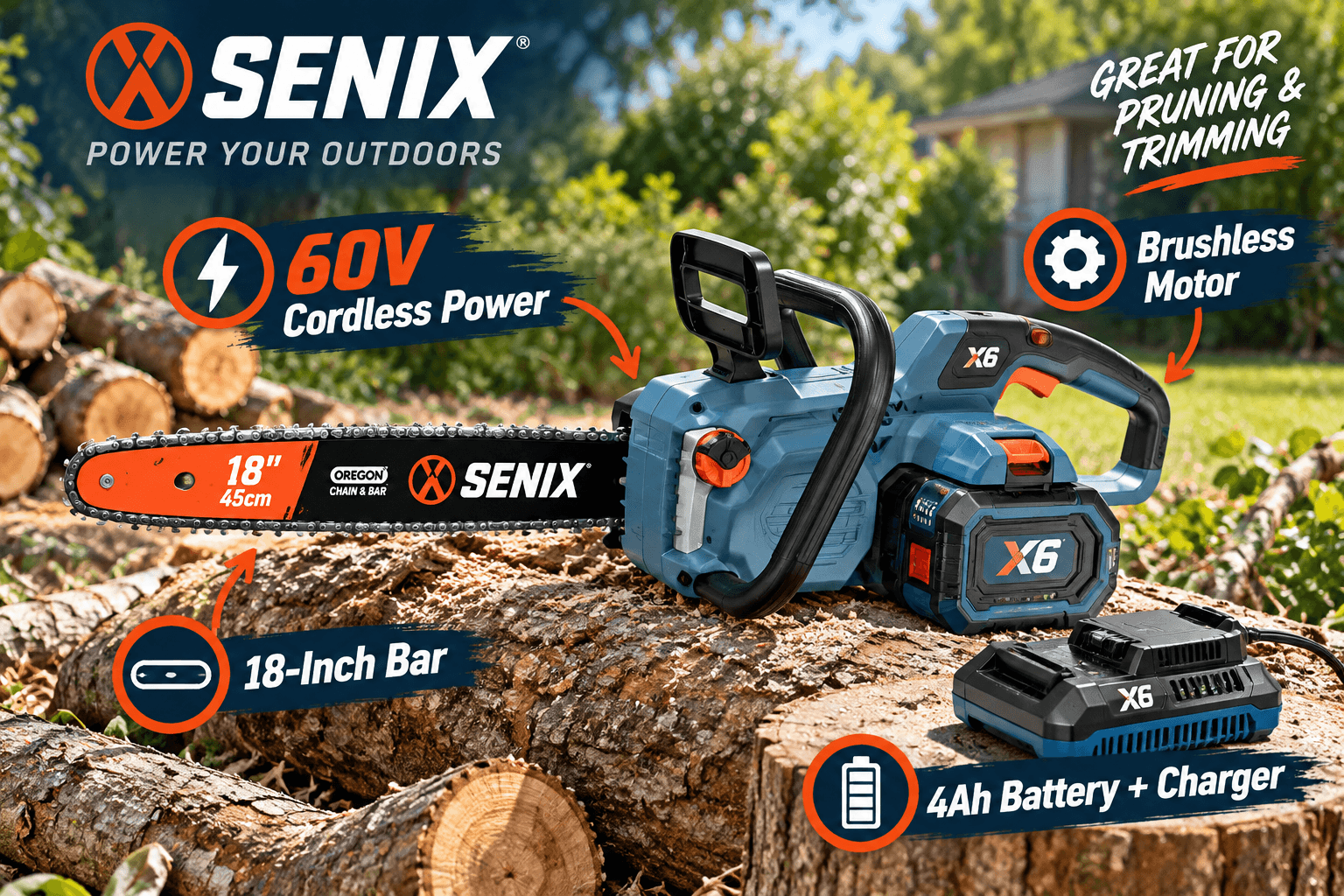 SENIX 60V cordless chainsaw resting on cut logs in a backyard, featuring an 18-inch bar, brushless motor, 4Ah battery and charger for pruning and branch cutting.