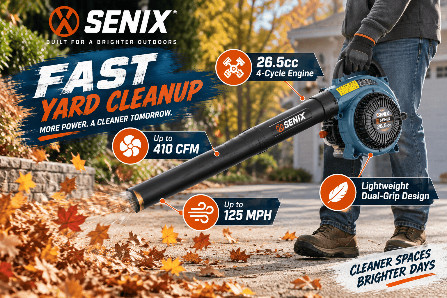 SENIX 26.5cc 4-cycle handheld gas leaf blower clearing autumn leaves from a driveway, highlighting airflow up to 410 CFM, 125 MPH and a lightweight dual-grip design.