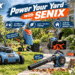 SENIX outdoor tools in a realistic backyard scene, featuring a mower, wood chipper, snow blower, leaf blower, and chainsaw with clear promotional callouts including “Power Your Yard with SENIX.”