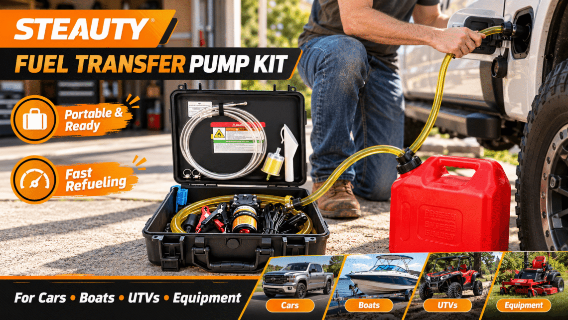STEAUTY fuel transfer pump kit in an open black carrying case beside a red fuel can, shown refueling an off-road vehicle in a garage setting. Promotional graphics highlight portable use, fast refueling, and applications for cars, boats, UTVs, and equipment.
