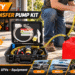 STEAUTY fuel transfer pump kit in an open black carrying case beside a red fuel can, shown refueling an off-road vehicle in a garage setting. Promotional graphics highlight portable use, fast refueling, and applications for cars, boats, UTVs, and equipment.