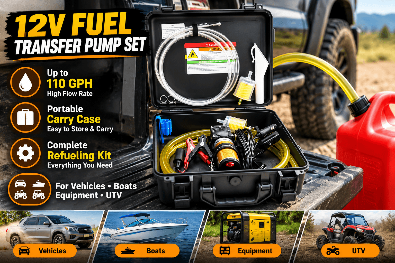 Portable 12V STEAUTY fuel transfer pump set displayed in an open hard carrying case on a pickup truck bed, with yellow fuel hose, clamps, filter, and accessories. Text callouts highlight up to 110 GPH flow, portable storage, and use with vehicles, boats, equipment, and UTVs.