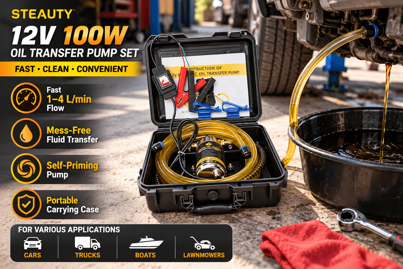 STEAUTY 12V 100W oil transfer pump kit in an open black carrying case beside a vehicle during an oil change, with transparent tubing transferring used oil into a collection pan. Graphic callouts feature 1–4 L/min flow, mess-free transfer, self-priming operation, and portable storage.