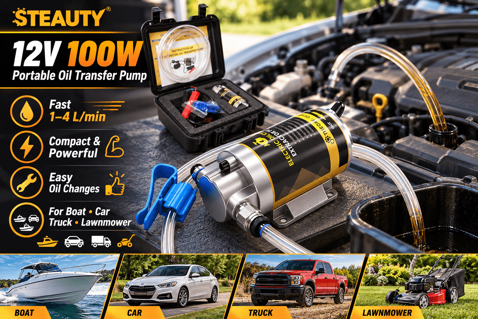 Close-up of a STEAUTY 12V 100W portable oil transfer pump with black-and-gold cylindrical housing, clear hoses, blue hose clips, and carrying case positioned beside an open vehicle engine bay. Promotional annotations highlight fast 1–4 L/min transfer, compact power, easy oil changes, and use for boats, cars, trucks, and lawnmowers.
