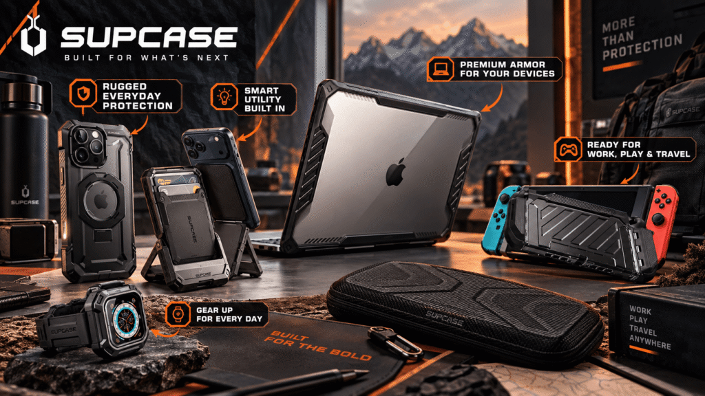 A collage image showcasing the full lineup of rugged protective cases from SUPCASE, including a smartphone case with card holder stand, a MacBook laptop case, a Nintendo Switch gaming console case, an Apple Watch smart watch case, and a carrying pouch. It features mountain scenery in the background.