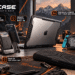 A collage image showcasing the full lineup of rugged protective cases from SUPCASE, including a smartphone case with card holder stand, a MacBook laptop case, a Nintendo Switch gaming console case, an Apple Watch smart watch case, and a carrying pouch. It features mountain scenery in the background.