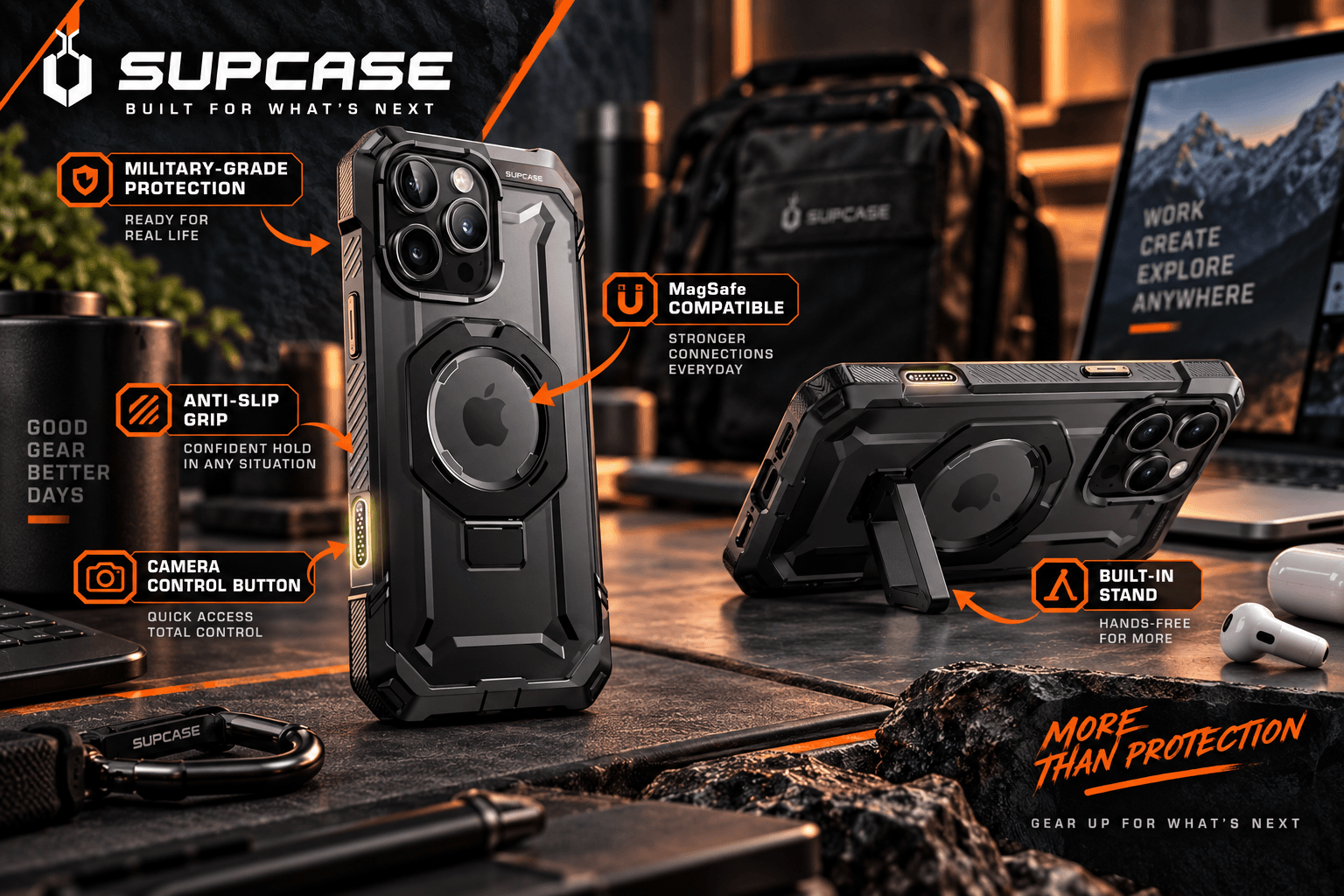 An infographic image for the rugged SUPCASE smartphone case, detailing its features including military-grade protection, anti-slip grip, camera control button, MagSafe compatibility, and built-in stand.