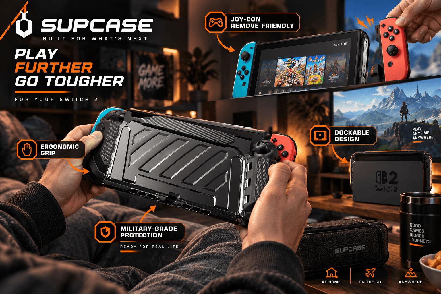 A promotional image for the rugged SUPCASE for Nintendo Switch 2, highlighting its military-grade protection, ergonomic anti-slip grip, joy-con remove friendly design, and dockable case functionality.