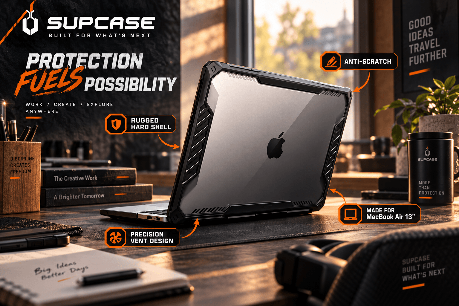 An infographic image showcasing the rugged hard shell case from SUPCASE made for MacBook Air 13", highlighting anti-scratch protection, sturdy build, and precision vent design.