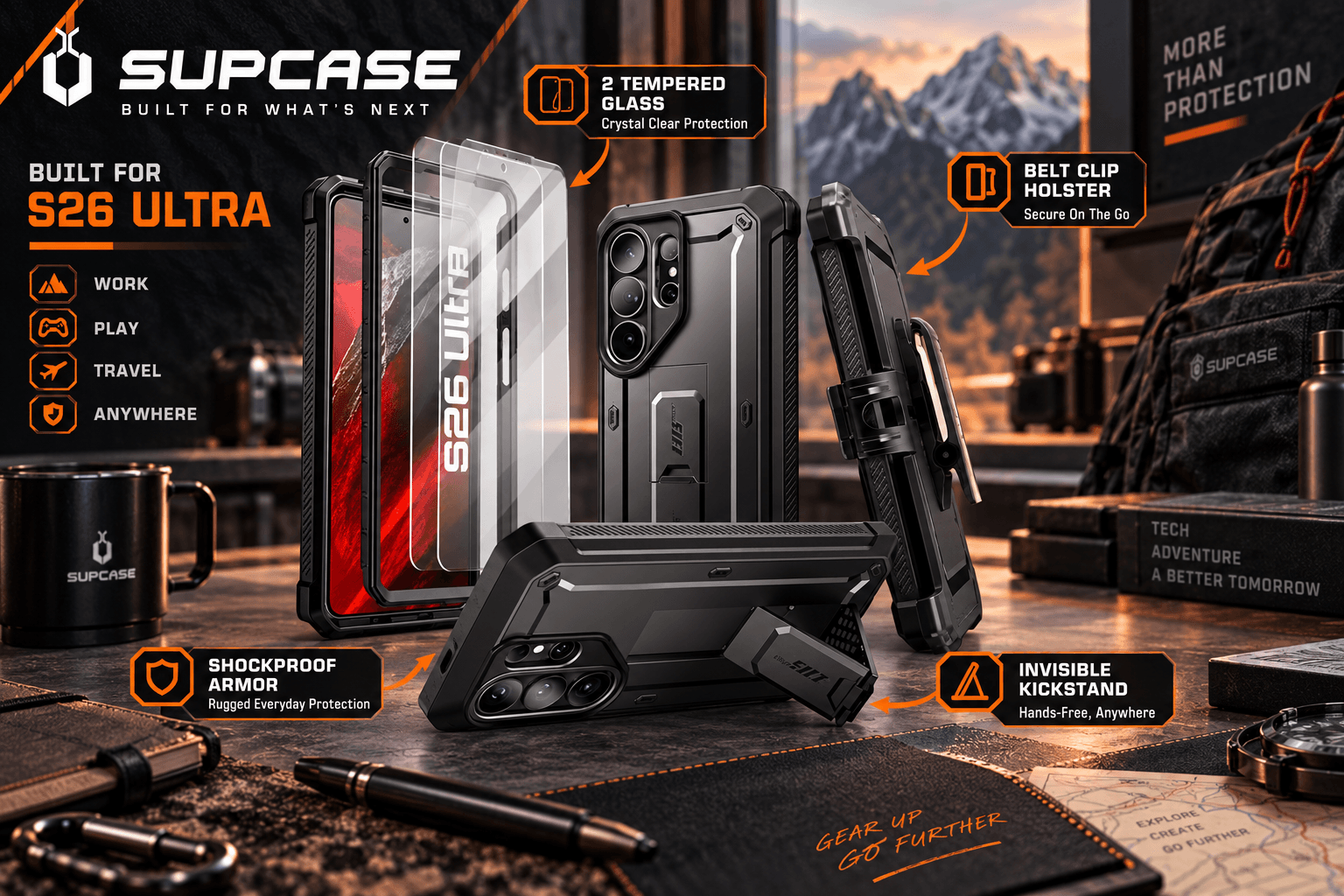 An infographic image showing the full protective kit for Samsung S26 Ultra from SUPCASE, including a shockproof armor case, a belt clip holster, an invisible kickstand, and two tempered glass screen protectors.