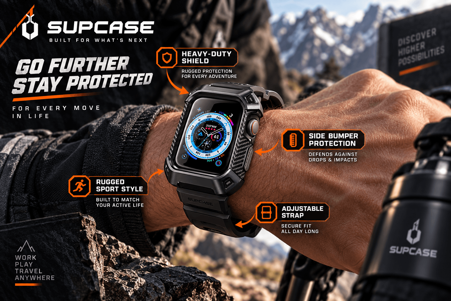 An infographic image for the SUPCASE rugged smartwatch case and band, highlighting heavy-duty shield protection, side bumper protection, rugged sport style, and an adjustable strap. Shown on a wrist with rocky background.