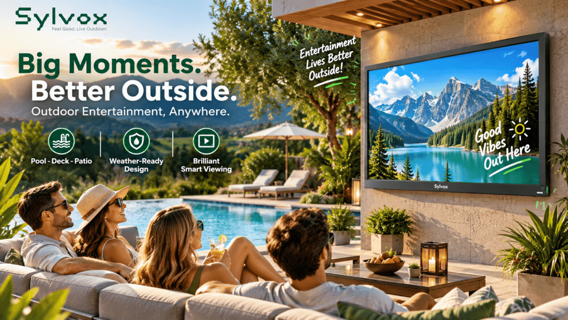 SYLVOX outdoor TV displayed on a stylish poolside patio as friends relax and watch together, highlighting weather-ready outdoor entertainment for pool, deck, and patio spaces.