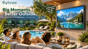 SYLVOX outdoor TV displayed on a stylish poolside patio as friends relax and watch together, highlighting weather-ready outdoor entertainment for pool, deck, and patio spaces.