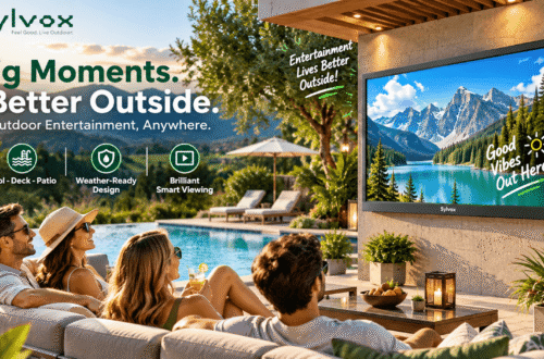 SYLVOX outdoor TV displayed on a stylish poolside patio as friends relax and watch together, highlighting weather-ready outdoor entertainment for pool, deck, and patio spaces.