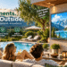 SYLVOX outdoor TV displayed on a stylish poolside patio as friends relax and watch together, highlighting weather-ready outdoor entertainment for pool, deck, and patio spaces.
