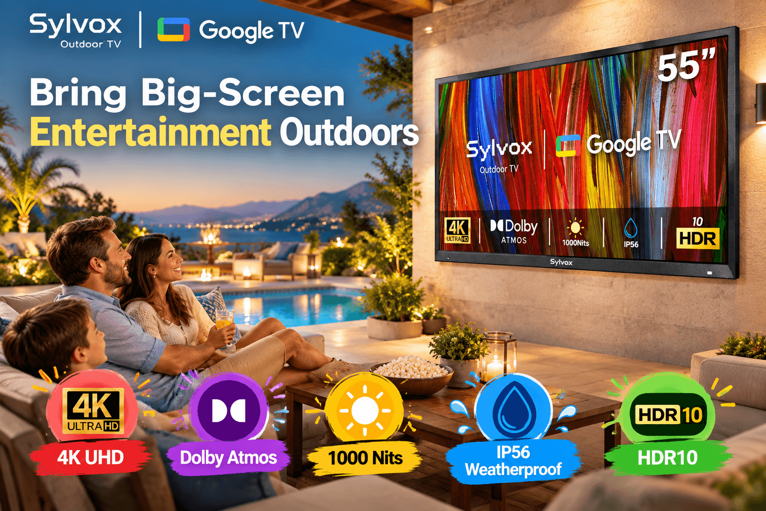 SYLVOX 55-inch outdoor Google TV mounted beside a luxury pool patio, featuring 4K UHD, Dolby Atmos, 1000-nit brightness, IP56 weather protection, and HDR10.