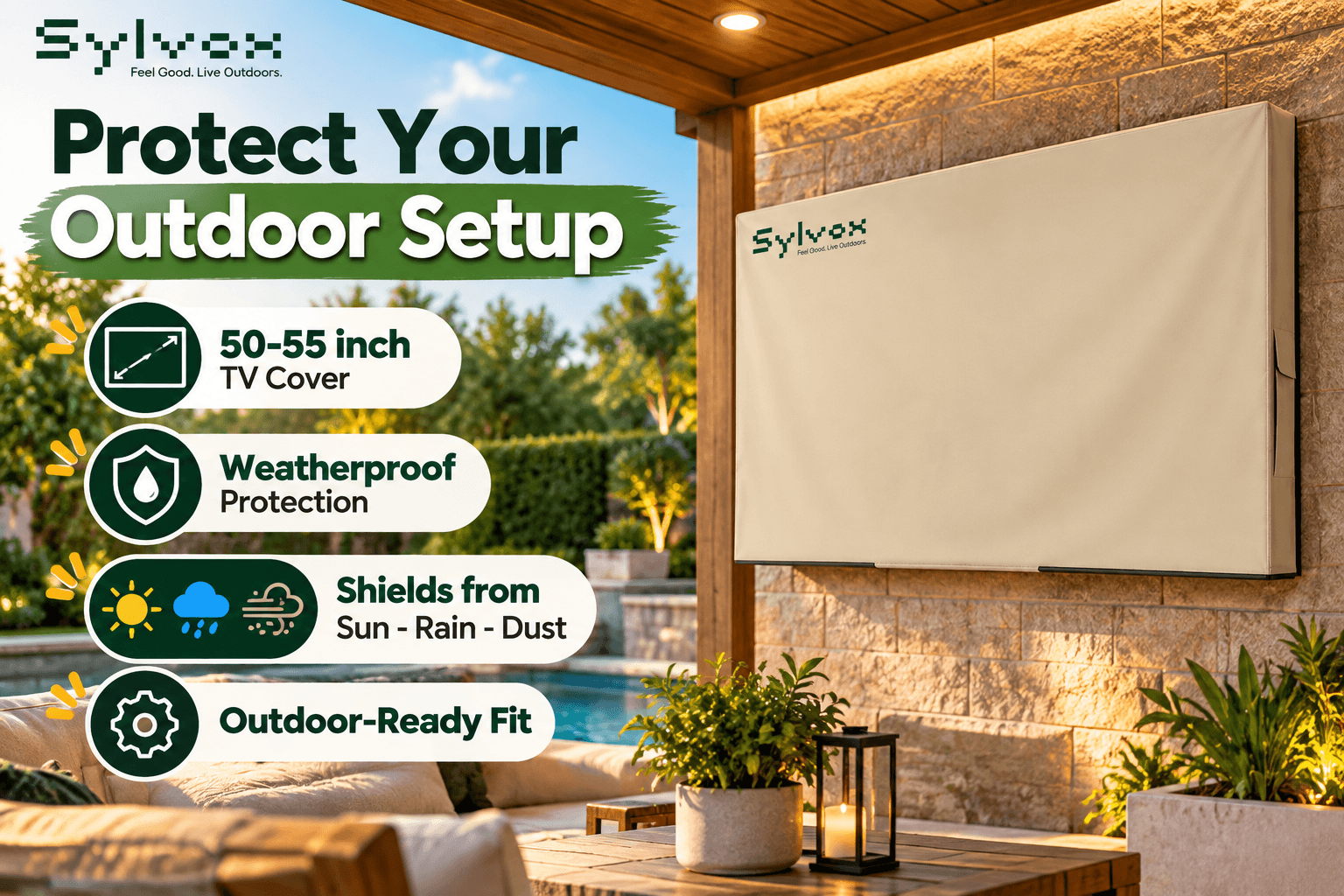 Beige SYLVOX weatherproof TV cover protecting an outdoor television on a covered patio, designed for 50–55 inch TVs and protection from sun, rain, and dust.