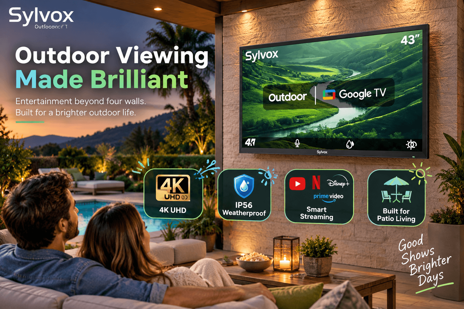 SYLVOX 43-inch outdoor Google TV mounted on a stone patio wall at sunset, showcasing 4K viewing, IP56 weather resistance, smart streaming, and outdoor entertainment.