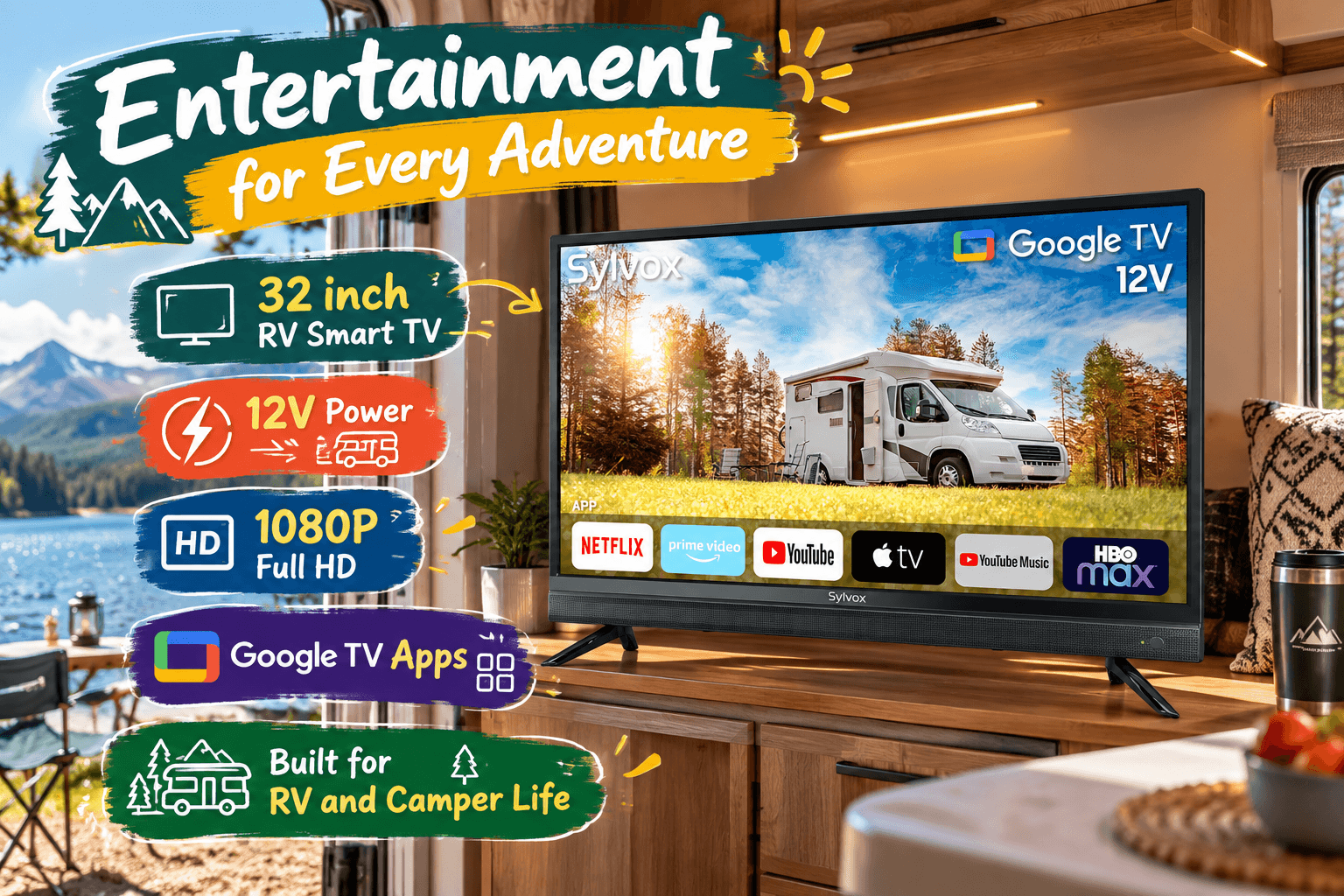 SYLVOX 32-inch 12V RV smart TV inside a modern camper, featuring 1080P Full HD and Google TV apps for movies and entertainment during road trips and camping.