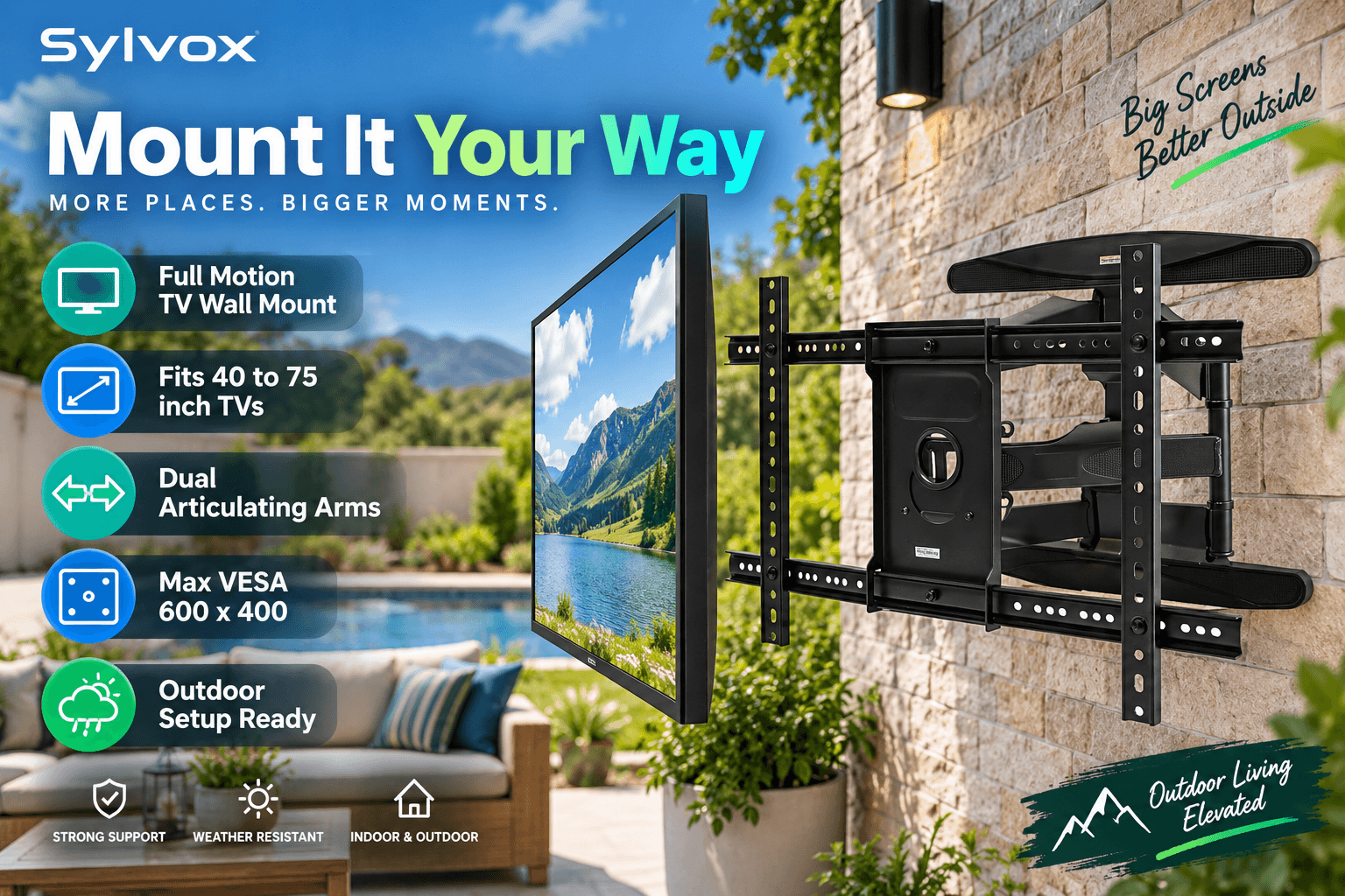 Black SYLVOX full-motion TV wall mount installed on an outdoor stone wall, supporting 40–75 inch TVs with dual articulating arms and up to 600 × 400 mm VESA compatibility.