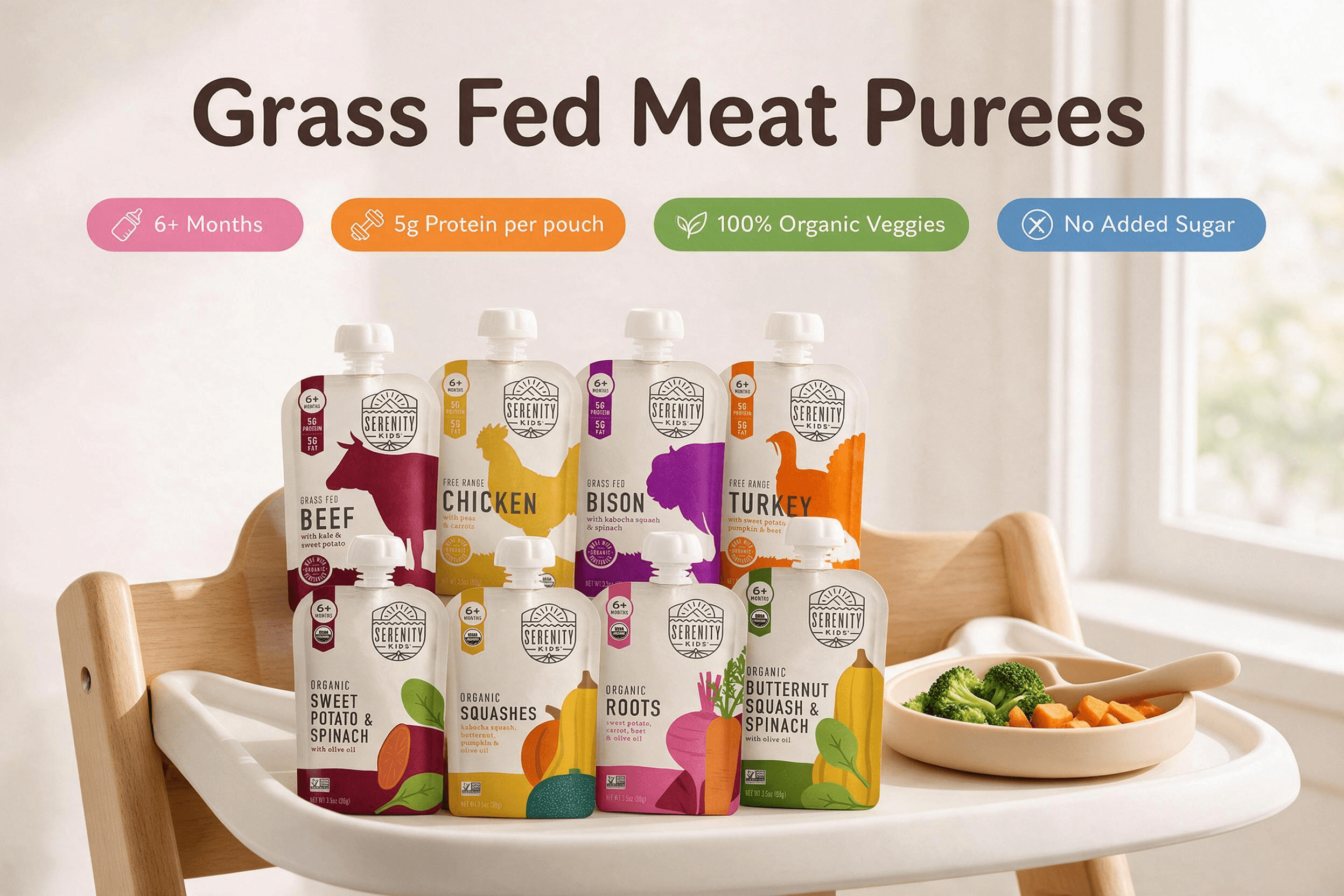 A wooden high chair tray holds eight Serenity Kids Grass Fed Meat Puree pouches arranged in two rows, showcasing varieties like Beef, Chicken, Bison, Turkey, and vegetable mixes. Next to them is a baby plate with broccoli florets, carrot pieces, and a spoon. Large text at the top reads "Grass Fed Meat Purees", and four colored oval labels indicate "6+ Months", "5g Protein per pouch", "100% Organic Veggies", and "No Added Sugar".