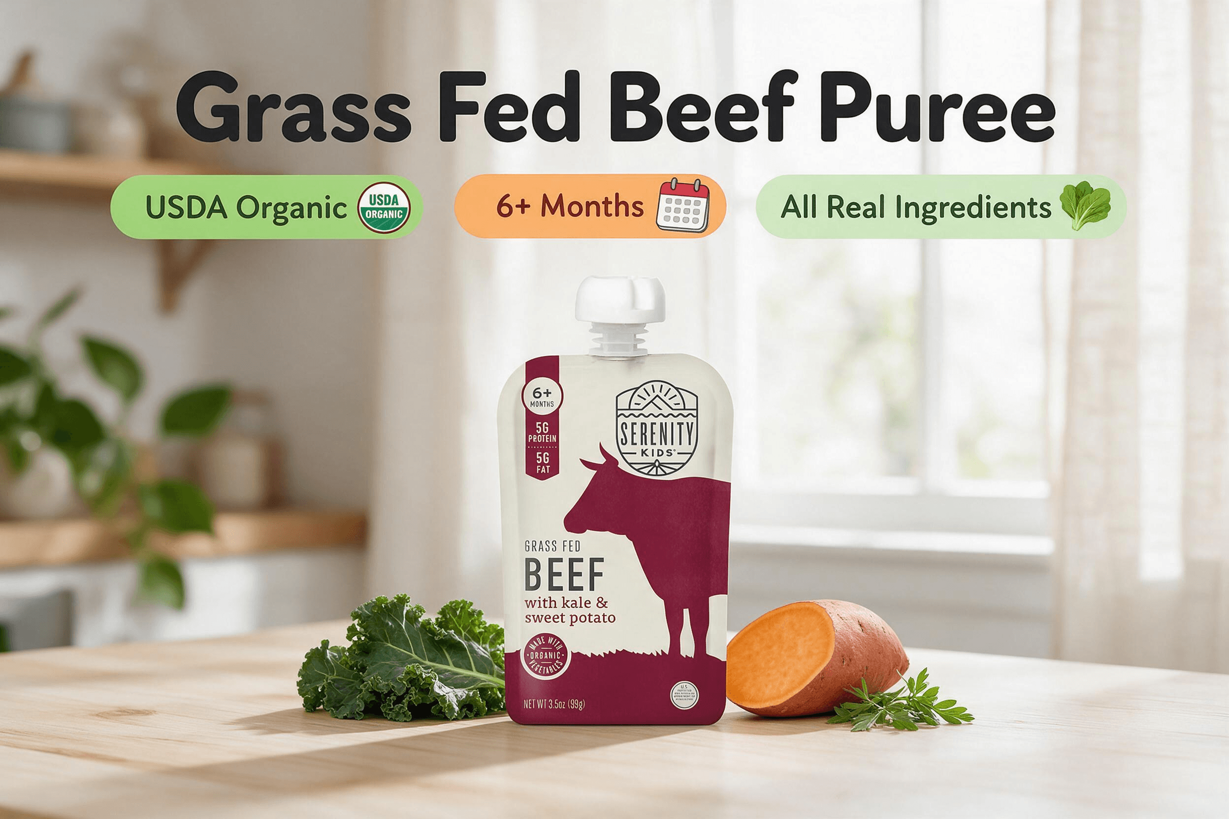 A single pouch of Serenity Kids Grass Fed Beef Puree (with kale & sweet potato) stands centered on a wooden table. On the left are fresh kale leaves, and on the right is a cut sweet potato and a sprig of parsley. Large text at the top says "Grass Fed Beef Puree". Three colored oval labels state "USDA Organic", "6+ Months", and "All Real Ingredients". The pouch features a silhouette of a cow.