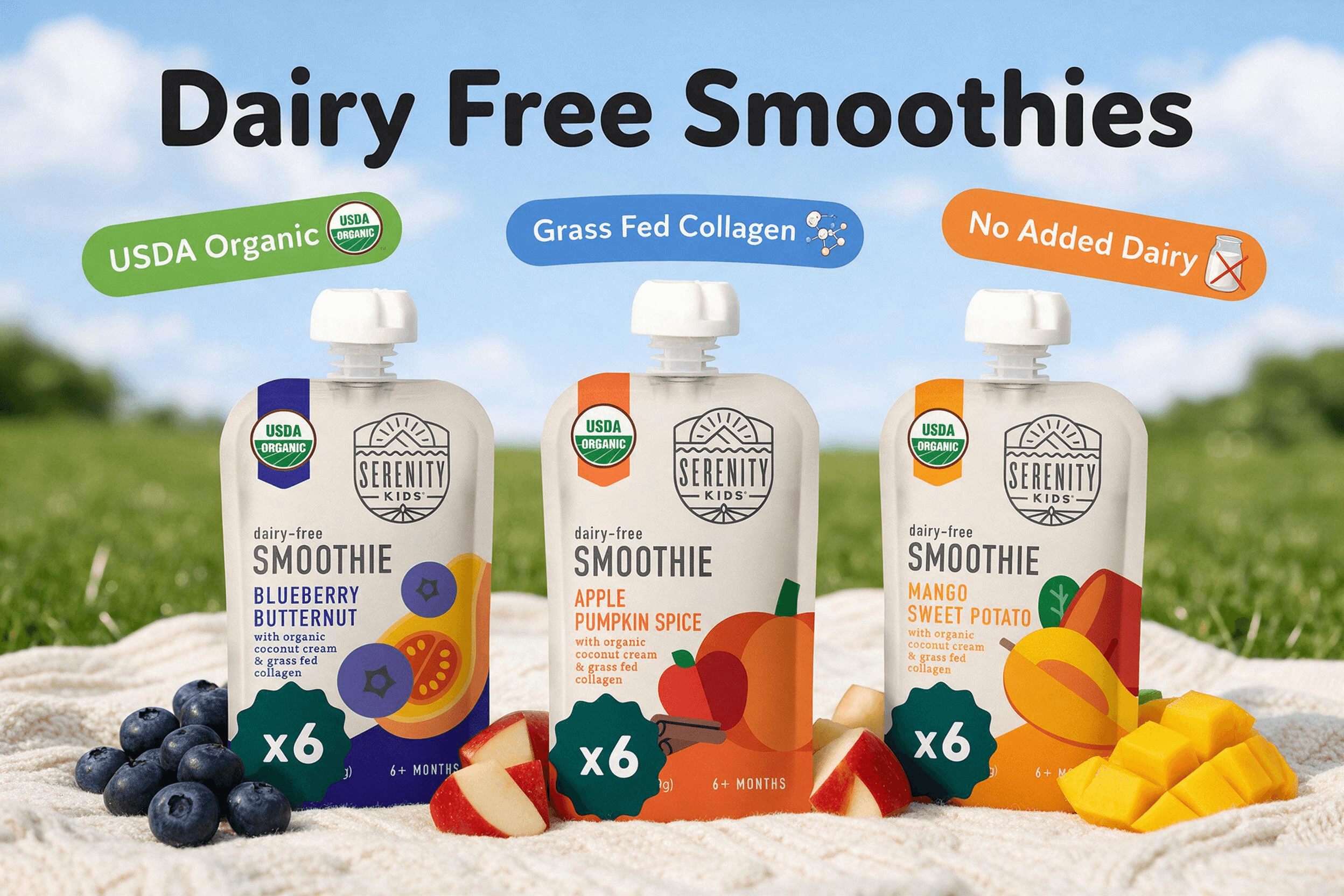 Three pouches of Serenity Kids Dairy Free Smoothies in Blueberry Butternut, Apple Pumpkin Spice, and Mango Sweet Potato flavors are lined up on a white knit blanket outdoors on grass. Fresh blueberries, sliced apples, and mango pieces are scattered around them. The text "Dairy Free Smoothies" is across the top. Three colored oval labels indicate "USDA Organic", "Grass Fed Collagen", and "No Added Dairy". Each pouch is marked "x6".