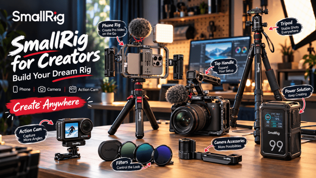 SmallRig creator gear arranged in a modern studio, featuring a phone rig, camera cage, tripod, action camera, filters, top handle, and V-mount battery, with callouts highlighting mobile, camera, and action-cam creation.