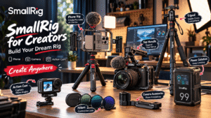 SmallRig creator gear arranged in a modern studio, featuring a phone rig, camera cage, tripod, action camera, filters, top handle, and V-mount battery, with callouts highlighting mobile, camera, and action-cam creation.