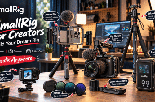 SmallRig creator gear arranged in a modern studio, featuring a phone rig, camera cage, tripod, action camera, filters, top handle, and V-mount battery, with callouts highlighting mobile, camera, and action-cam creation.