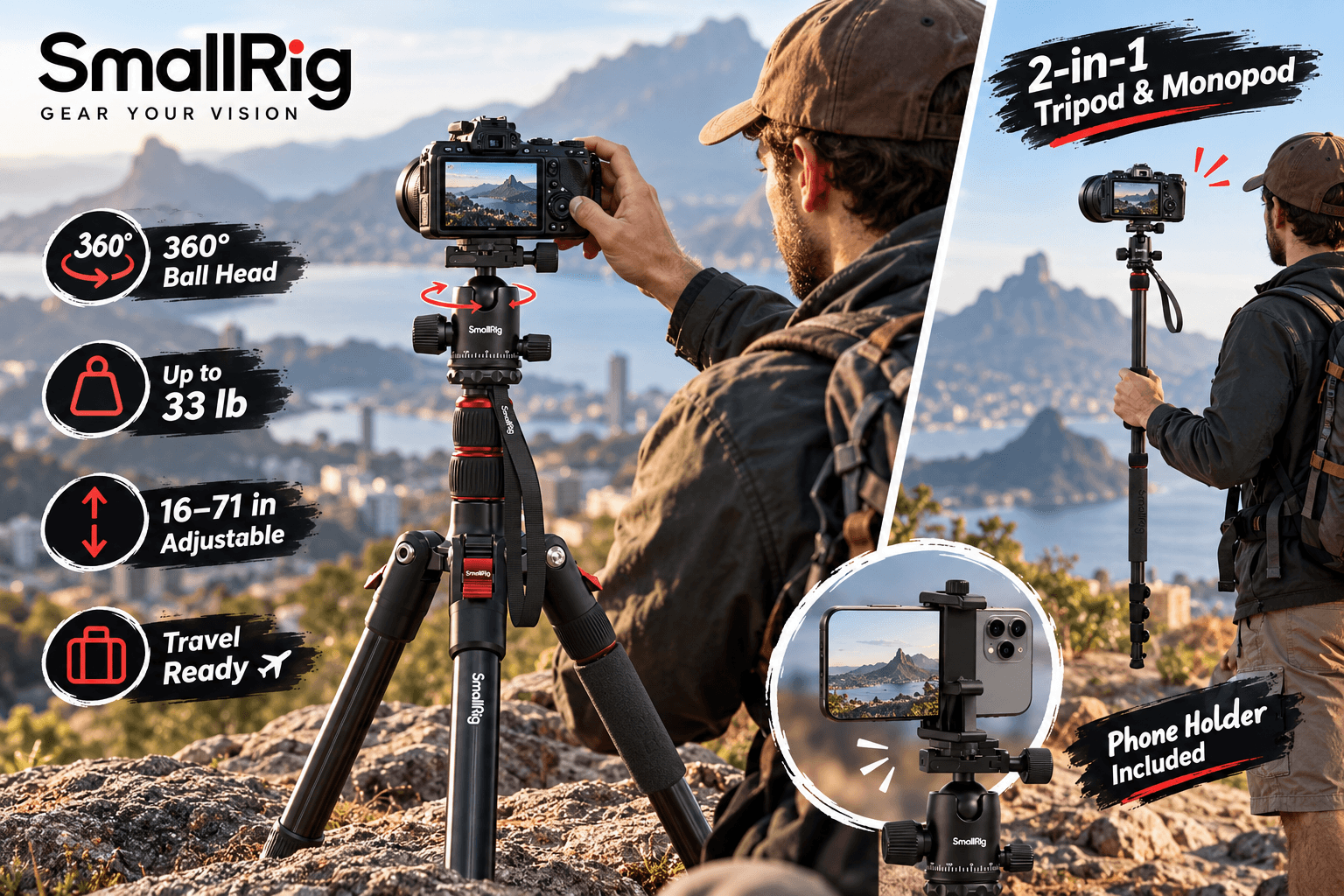 SmallRig 2-in-1 tripod and monopod used by a photographer at a mountain overlook, with callouts for a 360° ball head, up to 33 lb load, 16–71 inch adjustable height, travel-ready design, and phone holder.