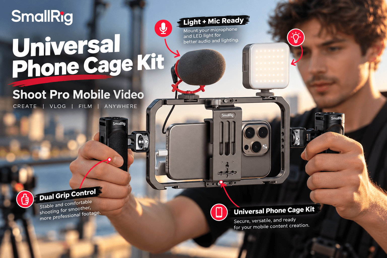 Creator holding a SmallRig universal phone cage kit with dual side grips, smartphone, microphone, and LED light, with graphic callouts emphasizing dual-grip control, light-and-mic mounting, and professional mobile video creation.